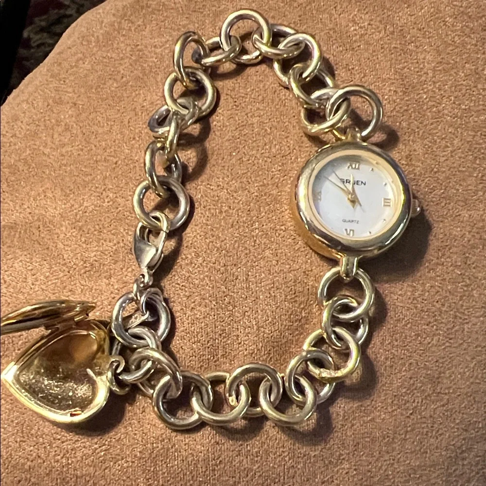 Gold-Tone Charm Bracelet Watch with Heart Locket